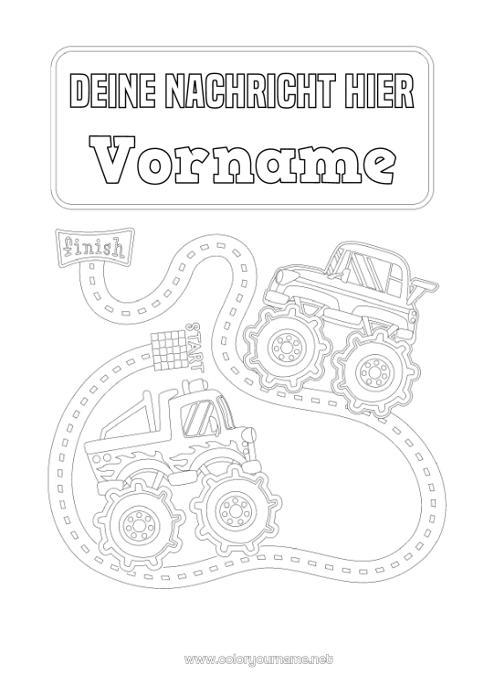Malvorlage zum Ausdrucken Fahrzeuge Auto Autos, Vans und Wohnmobile Rennwagen und Rennstrecken Fahrzeugfiguren Monstertruck Heftumschläge