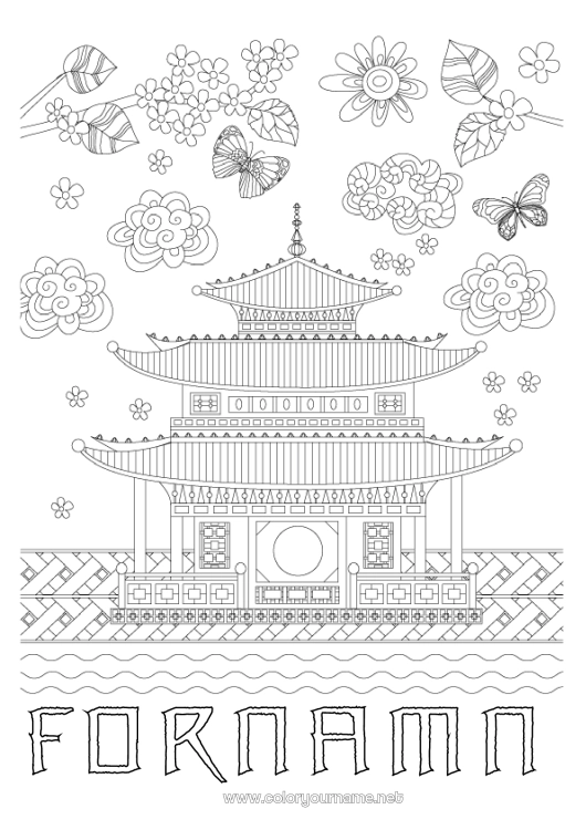 Färgläggningssida att skriva ut Fjäril Japan Hem Zentangle Insekter Pagod