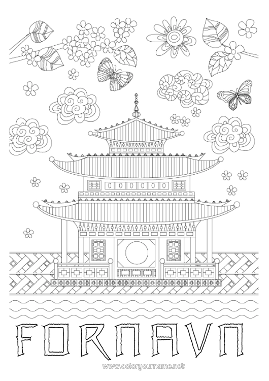 Farvelægningssiden til udskrivning Sommerfugl Japan Hus Zentangle Insekter Pagode