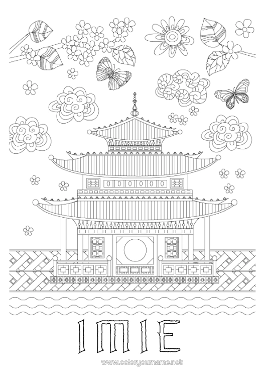 Kolorowanka do wydruku Motyl Japon Dom Zentangle Owady Pagoda
