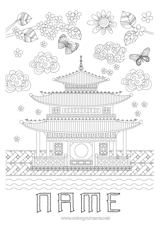 Colouring page to print Butterfly Japan House Zentangle Insects Pagoda