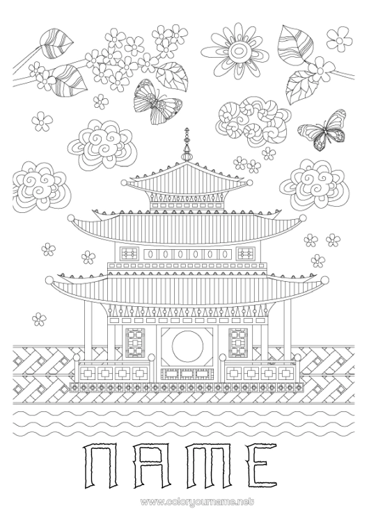 Coloring page to print Butterfly Japan House Zentangle Insects Pagoda