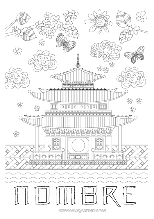 Dibujo para colorear para imprimir Mariposa Japón Casa Zentangle Insectos Pagoda