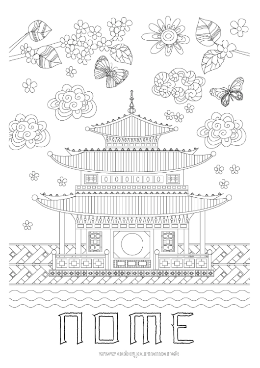 Pagina da colorare da stampare Farfalla Giappone Casa Zentangle Insetti Pagode
