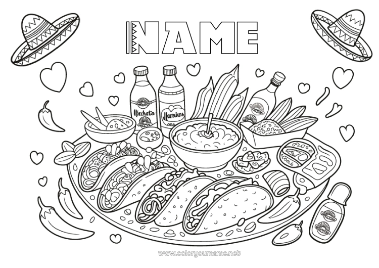 Coloring page to print Mexico Sombrero Tacos Chili pepper