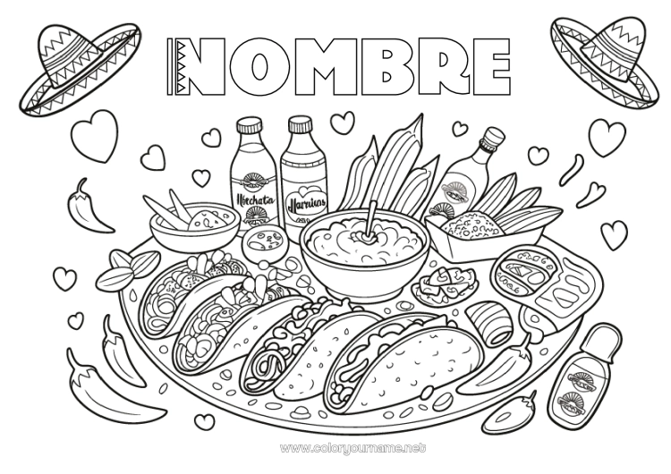 Dibujo para colorear para imprimir México Sombrero Tacos Pimiento