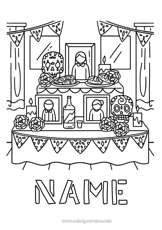 Coloring page to print Skull Día de los Muertos Mexico Calaveras, skulls