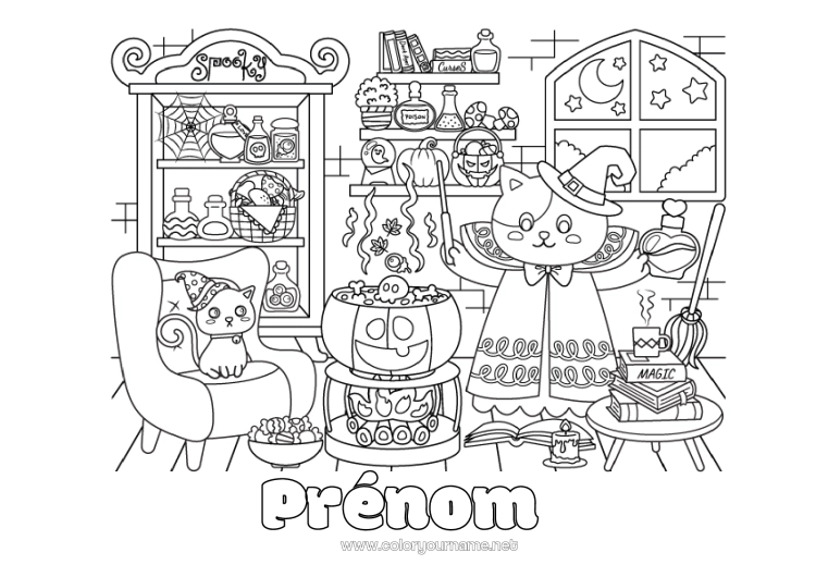 Coloriage à imprimer Sorcière Chaudron magique Chat Halloween Jack O'Lantern Chiens et chats