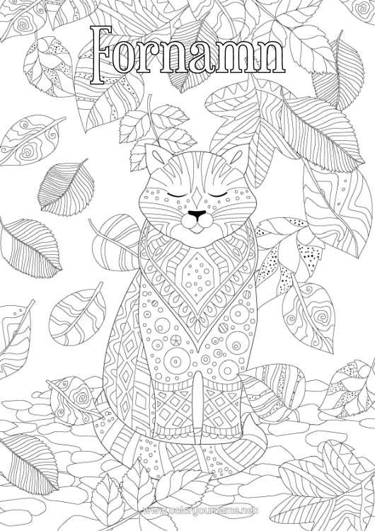 Färgläggningssida att skriva ut Katt Höst Djur Zentangle Hundar och katter Döda löv
