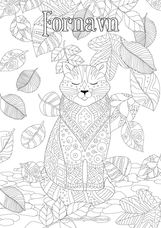 Fargeleggingssiden til utskrift Katt Høst Dyr Zentangle Hunder og katter Døde blader
