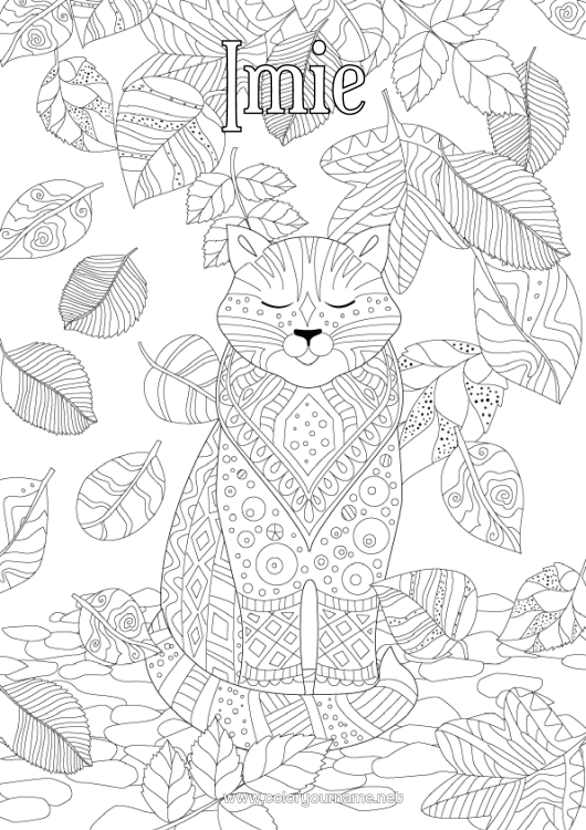 Kolorowanka do wydruku Kot Jesień Zwierzę Zentangle Psy i koty Martwe liście