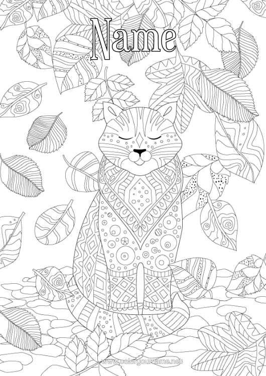 Colouring page to print Cat Autumn Animal Zentangle Dogs And Cats Dead Leaves