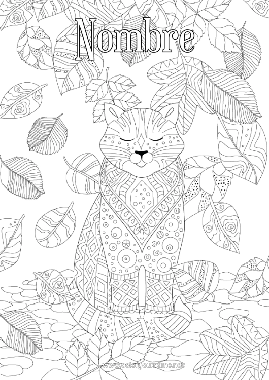 Dibujo para colorear para imprimir Cat Otoño Animales Zentangle Perros y gatos Hojas muertas