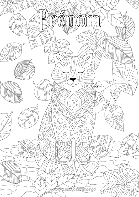 Coloriage à imprimer Chat Automne Animal Zentangle Chiens et chats Feuilles mortes
