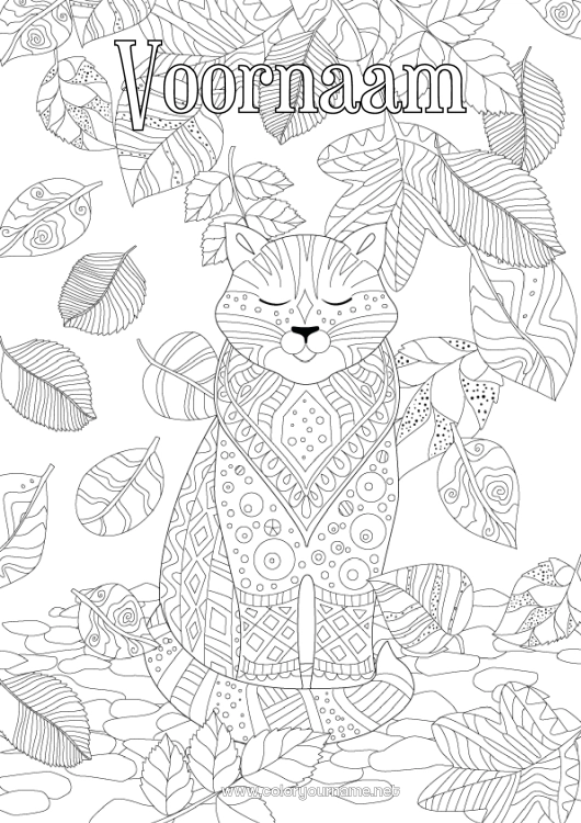 Kleurplaat om af te drukken Kat Herfst Dier Zentangle Honden en katten Dode bladeren