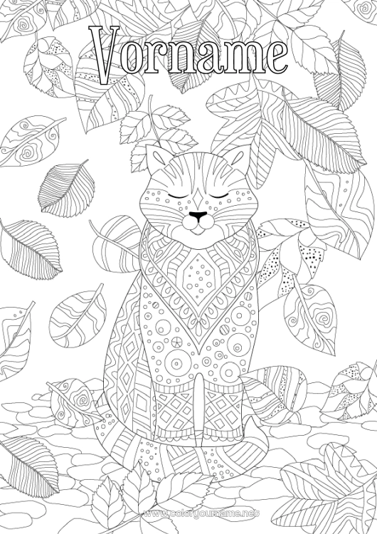 Malvorlage zum Ausdrucken Katze Herbst Tier Zentangle Hunde und Katzen Tote Blätter