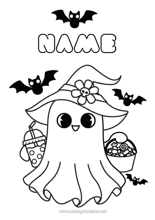 Colouring page to print Bat Sweets Ghost Trick Or Treat? Cute Drink Easy Colouring Pages Birds And Flying Mammals Bubble Tea
