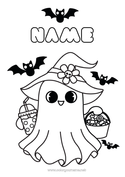 Coloring page to print Bat Sweets Ghost Trick or treat Kawaii Drinks Easy coloring pages Flying birds and mammals Bubble tea