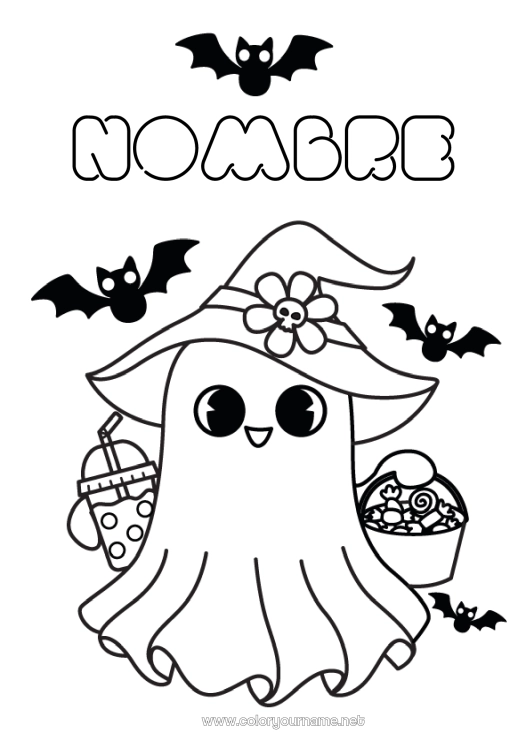 Dibujo para colorear para imprimir Murciélago Caramelos Fantasma Truco o trato Kawaii Bebidas Dibujos fáciles para colorear Aves y mamíferos voladores Bubble tea