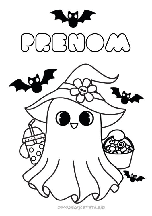 Coloriage à imprimer Chauve-souris Bonbons Fantôme Un bonbon ou un sort ? Kawaii Boisson Coloriages faciles Oiseaux et mammifères volants Bubble tea