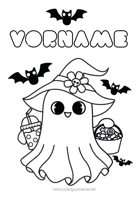 Malvorlage zum Ausdrucken Fledermaus Bonbons Geist Ein Bonbon oder ein Zauber? Kawaii Getränk Einfache Ausmalbilder Vögel und fliegende Säugetiere Bubble Tea
