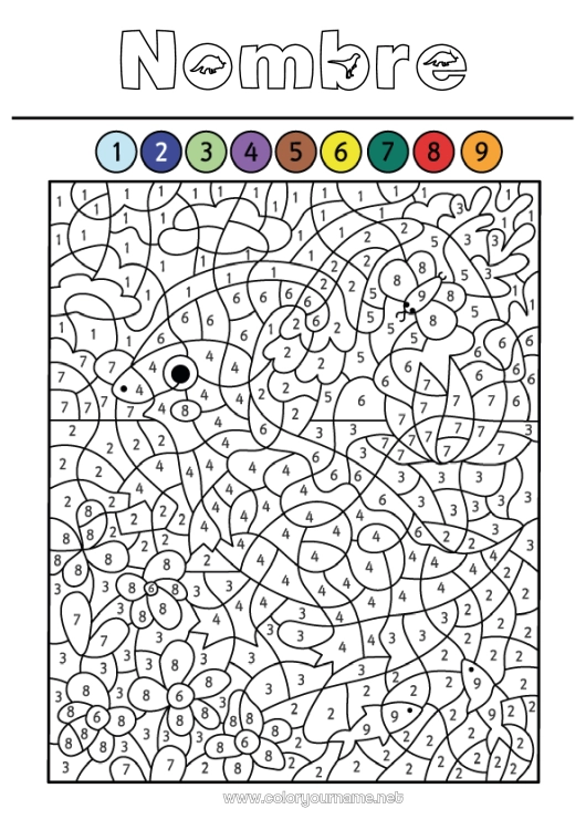 Dibujo para colorear para imprimir Dinosaurios Volcán Colorear por números Actividades para niños Animales Parasaurolophus