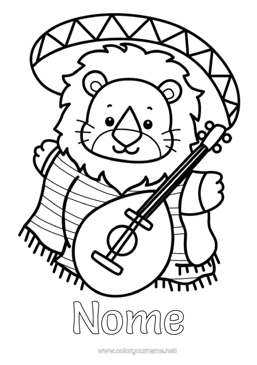 Pagina da colorare da stampare Leone Animale Musica Messico Disegni da colorare facili Animali selvatici dell'Africa Festa della musica Chitarra Strumenti musicali Sombrero