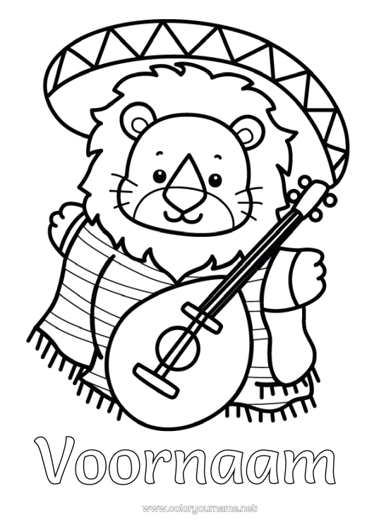 Kleurplaat om af te drukken Leeuw Dier Muziek Mexico Eenvoudige kleurplaten Wilde dieren van Afrika Muziekfestival Gitaar Muziekinstrumenten Sombrero
