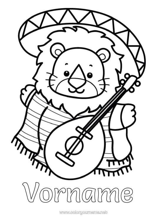Malvorlage zum Ausdrucken Löwe Tier Musik Mexiko Einfache Ausmalbilder Wilde Tiere Afrikas Musikfest Gitarre Musikinstrumente Sombrero