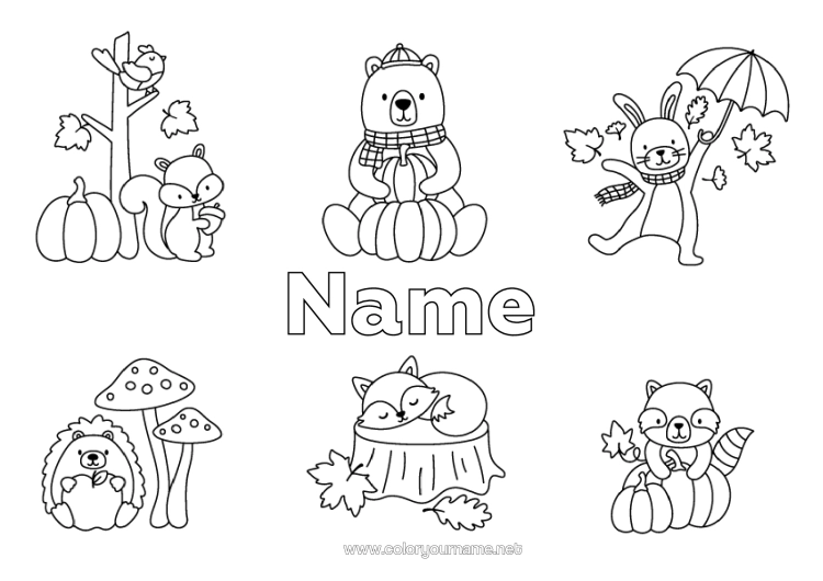Colouring page to print Pumpkin Bear Hedgehog Autumn Rabbit Umbrella Forest Animals Raccoon Tree Stump Dead Leaves