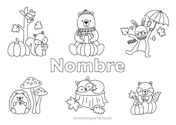 Dibujo para colorear para imprimir Calabaza Llevar Erizo Otoño Conejo Paraguas Animales del bosque Mapache Tocón de árbol Hojas muertas
