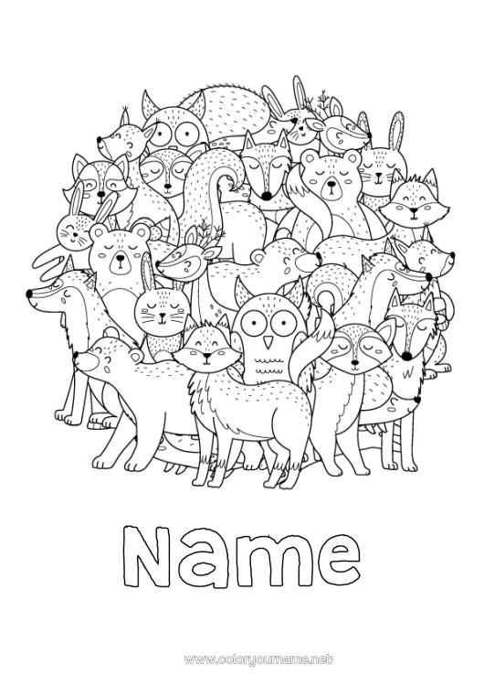 Coloring page to print Wolf Bear Mandala Fox Owl Bunny Animal Flying birds and mammals Forest animals Raccoon