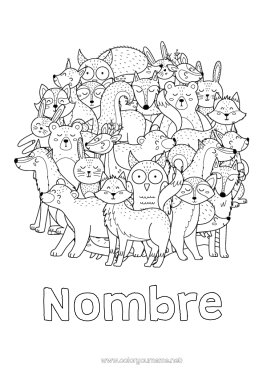Dibujo para colorear para imprimir Lobo Llevar Mandala Zorro Búho Conejo Animales Aves y mamíferos voladores Animales del bosque Mapache