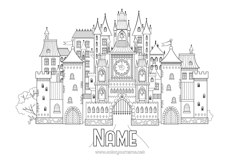 Colouring page to print Castle Fairy Tale Clock