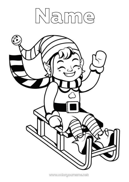 Colouring page to print Winter Christmas Elves Sledge Elf Colouring Pages