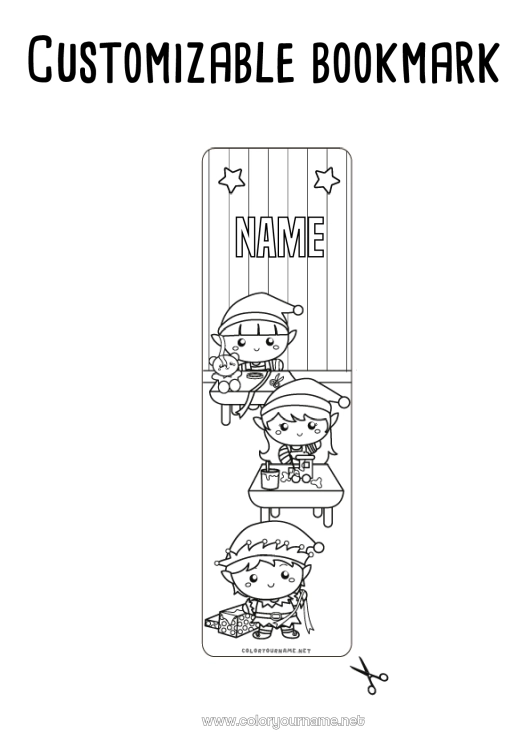 Coloring page to print Christmas elves Bookmark Paint Santa's Workshop Several Elf on the Shelf