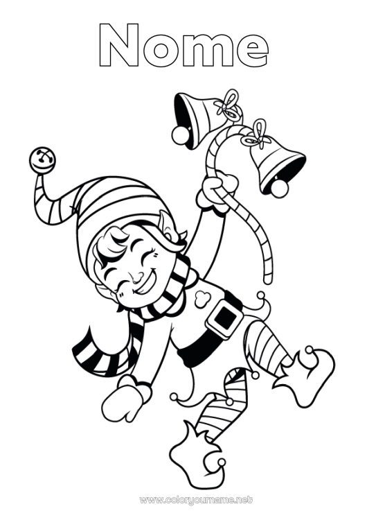Pagina da colorare da stampare Elfo di Natale Natale Campana Pagine da colorare degli elfi