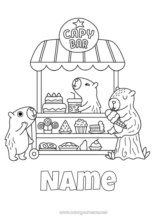 Coloring page to print Cake Animal Treats Other animals of the world Culinary Professions Baker pastry chef Stand Lollipop Capybara Shop