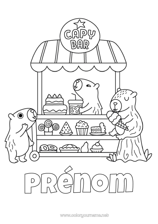 Coloriage à imprimer Gâteau Animal Gourmandises, sucreries Autres animaux du monde Métiers de la cuisine Boulanger pâtissier Stand Sucette Capibara Boutique