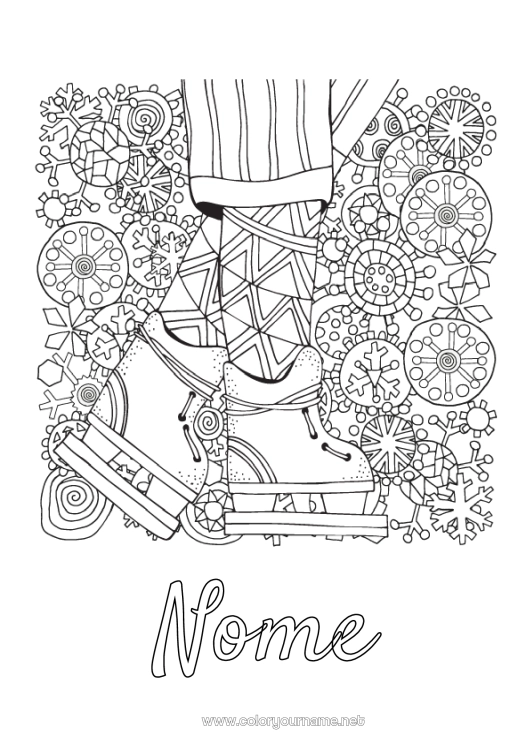 Pagina da colorare da stampare Sport Inverno Fiocchi di neve Scarabocchio Sport Invernali Pattinaggio Artistico