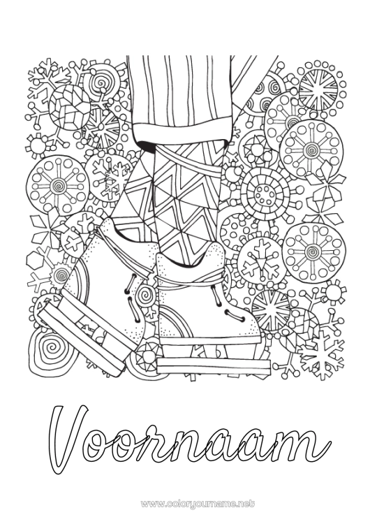 Kleurplaat om af te drukken Sport Winter Sneeuwvlokken Doodle Wintersporten Kunstschaatsen