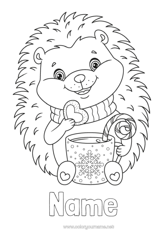 Colouring page to print Cute Winter Hedgehog Mug Animal Drink Forest Animals