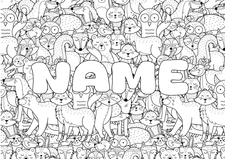 Colouring page to print Bear Fox Owl, Tawny Owl Rabbit Animal Birds And Flying Mammals Forest Animals Decorative Background Raccoon