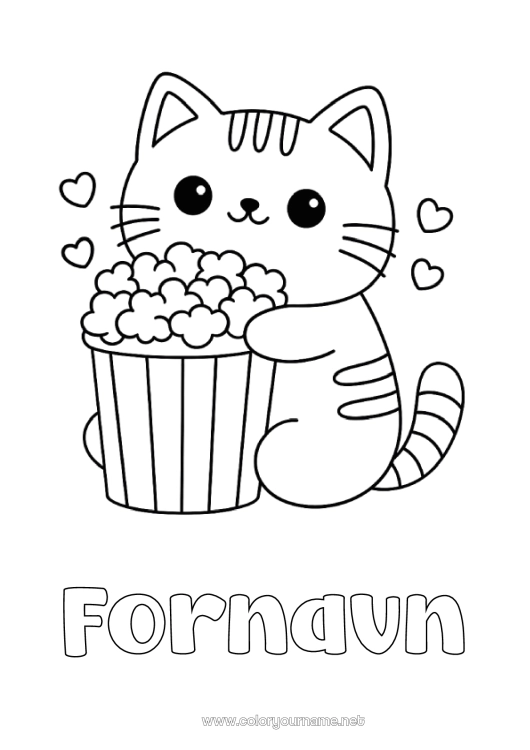 Farvelægningssiden til udskrivning Kat Kawaii Dyr Popcorn Slik, søde sager Nem farvelægning Hunde og katte