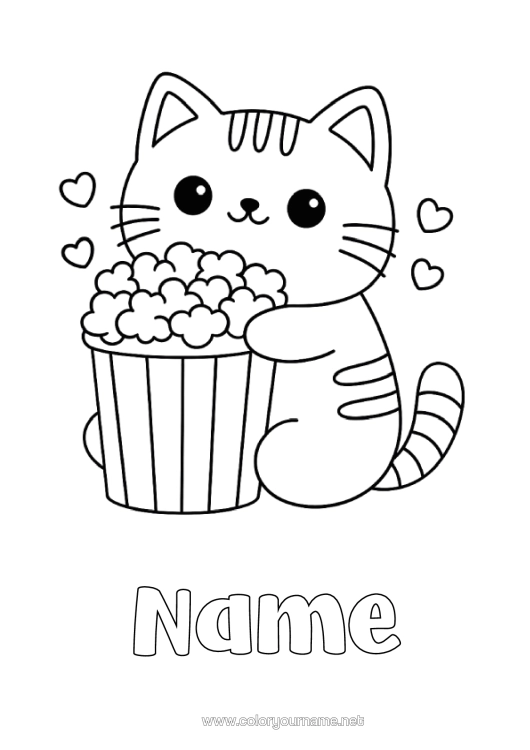 Colouring page to print Cat Cute Animal Popcorn Treats, Sweets Easy Colouring Pages Dogs And Cats