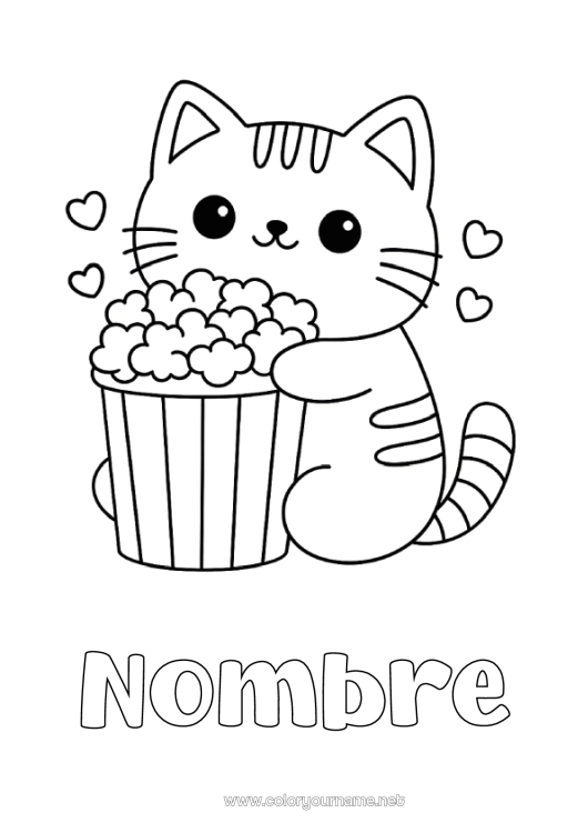 Dibujo para colorear para imprimir Cat Kawaii Animales Palomitas de maíz Golosinas Dibujos fáciles para colorear Perros y gatos