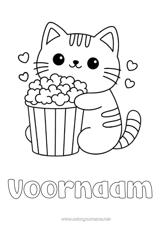Kleurplaat om af te drukken Kat Kawaii Dier Popcorn Lekkernijen, zoetigheden Eenvoudige kleurplaten Honden en katten