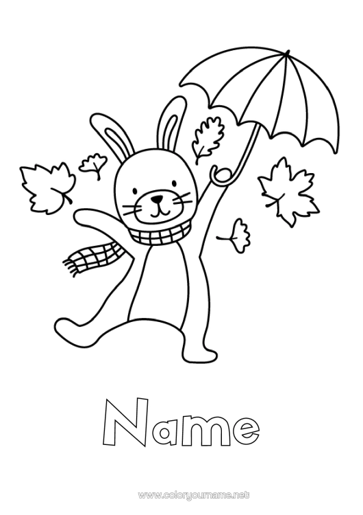 Colouring page to print Autumn Rabbit Animal Umbrella Easy Colouring Pages Forest Animals Dead Leaves