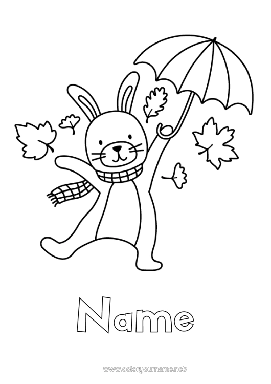Coloring page to print Autumn Bunny Animal Umbrella Easy coloring pages Forest animals Dead leaves
