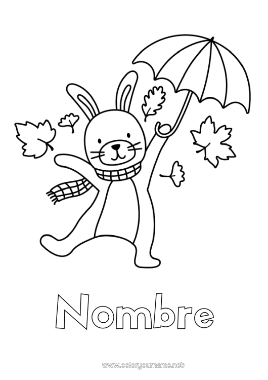 Dibujo para colorear para imprimir Otoño Conejo Animales Paraguas Dibujos fáciles para colorear Animales del bosque Hojas muertas
